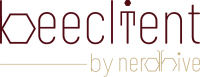 Logo "beeclient" in Rotbraun, darunter "by nerdhive" in Gold.